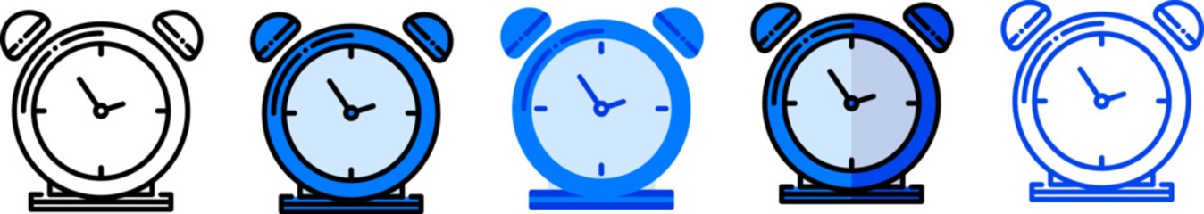 Alarm clock icon set in five styles, suitable as a countdown, alarm, time, and timer symbol.