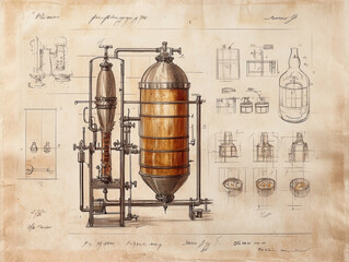 Bourbon distillery patent drawing pencil watercolor 1800's vintage artwork invention, copper, plumbing, call outs