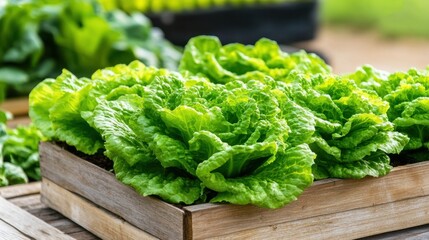 Fresh, vibrant lettuce growing in a wooden planter, showcasing organic farming and healthy living.