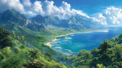 Panoramic View of a South Pacific Island with Beaches, Forests, and Mountains