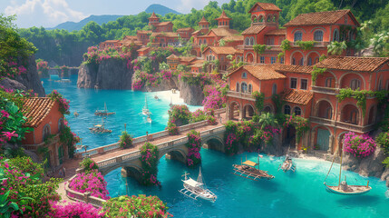 Obraz premium Whimsical Fantasy Scene of a South Pacific Island with Floating Islands and Magical Creatures