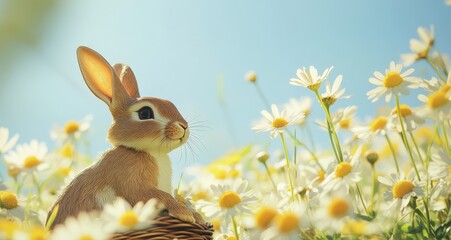 cute rabbit in field of daisies