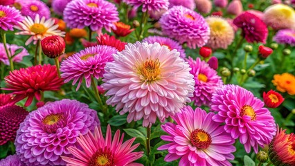 Fototapeta premium In a peaceful meadow, cascading vibrant pink chrysanthemums and aster flowers paint a stunning autumn landscape,