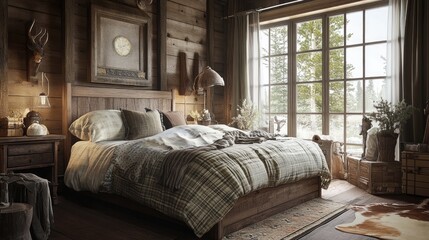 A rustic bedroom scene with a wooden bed frame, patterned bedding, and vintage decor elements, featuring a large window with natural light illuminating the room.