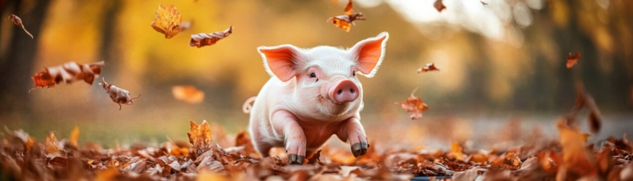 Playful Piglet in Autumn Leaves