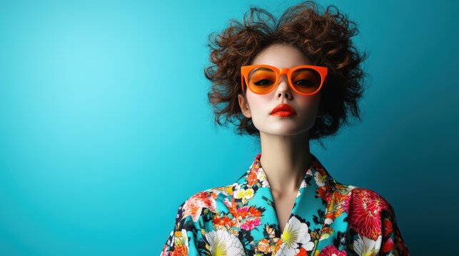 A confident woman with striking orange sunglasses and a colorful floral kimono, set against a blue background, showcasing bold and contemporary fashion. - Powered by Adobe