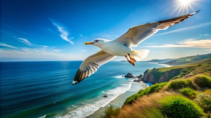 Fototapeta premium In a tranquil coastal setting, a magnificent seagull soars effortlessly above the serene sea, framed by a clear