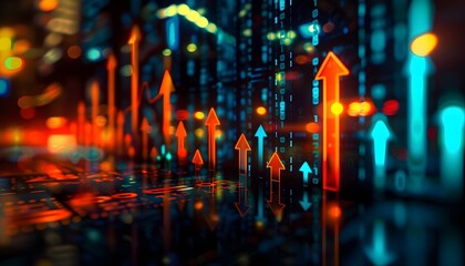 Rote digitale Neonpfeile mit einem börsenähnlichen Hintergrund