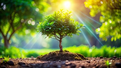 In the garden's warmth, a small tree thrives under the sun, representing eco-friendly growth and the enduring beauty