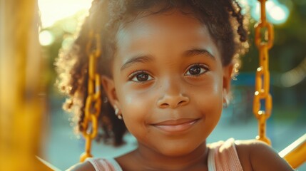 Portrait of a young girl playing in a park, enjoying summer and freedom on a weekend. Outdoor scene focusing on a carefree child at a playground, highlighting motivation and growth
