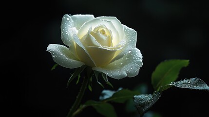 A single white rose with water droplets, beautifully lit against a dark background, highlighting the purity and elegance of the flower.