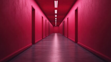 An evocative shot of an empty, red hallway lined with doors and punctuated by linear fluorescent lighting, embodying a sense of endlessness and stark modern design.