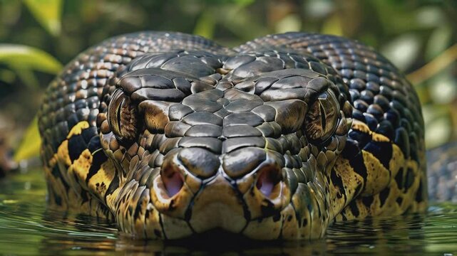 Close-up of a coiled snake with striking yellow and brown scales, sharp eyes focused intensely, capturing the intricate detail of its textured skin and natural patterns.