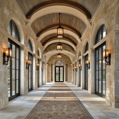 Fototapeta premium grand arched hallway with stone walls and wooden beams