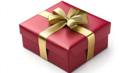 Obraz premium New Year gift box wrapped in glossy red paper with a gold ribbon, isolated on white background, showing festive spirit.