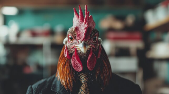 A rooster dressed in a professional suit and tie is presented against a blurred background, emphasizing the surreal and amusing depiction of the animal in human clothing.