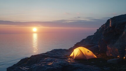 A glowing tent pitched on a rocky cliffside, overlooking a calm sea with the horizon glowing orange from the setting sun.