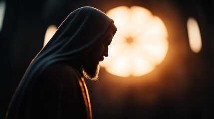 A mysterious hooded figure standing in profile against a dark background with a warm, glowing light behind them, casting an ethereal ambiance with strong contrast and illumination.