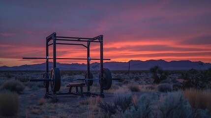 Fototapeta premium A squat rack with a desert sunset in the background