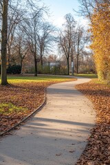 Fototapeta premium A winding path through a park with autumn leaves and trees.