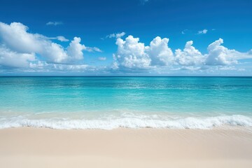 Obraz premium Serene tropical beach with crystal clear turquoise waters and fluffy white clouds