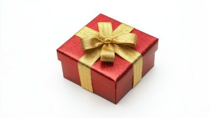 Shiny red and gold New Year gift box, perfectly tied with a decorative ribbon, isolated on a clean white background.