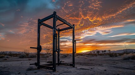 A squat rack with a desert sunset in the background