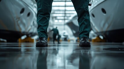 Obraz premium A mechanic in green overalls stands in a workshop with boats in the background, ready to perform maintenance. The scene reflects dedication and professionalism.