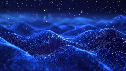 Naklejka premium Abstract representation of flowing waves with a blue glowing effect in a starry background.