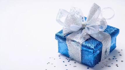 Fototapeta premium Small festive New Year present in blue and silver, isolated on a white background with a delicate bow on top.