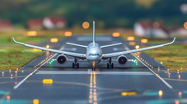 detailed miniature model of commercial plane with pushback tug on busy airport apron setting