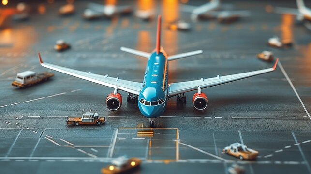 realistic miniature aircraft pushback scene on airport apron tarmac with ground crew and airport infrastructure