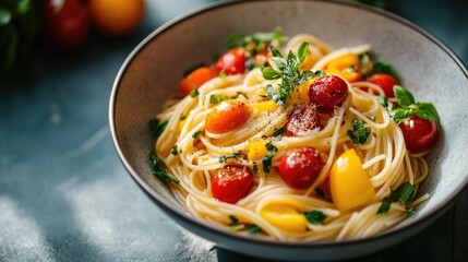 A vibrant image of a bowl of spaghetti with a variety of colorful vegetables, like bell peppers and cherry tomatoes, tossed in a light vinaigrette.