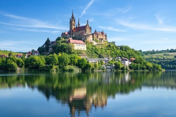 Obraz premium Picturesque medieval castle on a hill overlooking a serene lake