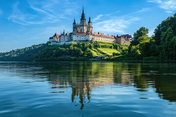 Naklejka premium Stunning medieval castle on a hill overlooking a serene lake