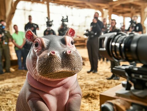 Cute Baby Hippo in a Film Set with Cameras