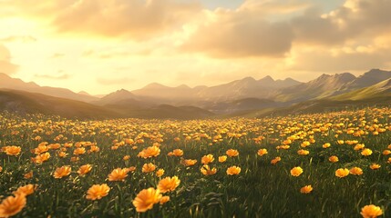 Fototapeta premium A serene meadow filled with golden marigolds, swaying gently under a soft autumn sky.
