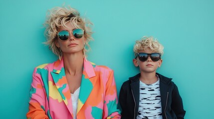 Obraz premium A mother with tousled hair in a vibrant multi-colored outfit sitting next to her child, who wears a striped shirt and jacket, both against a solid teal-colored wall backdrop.