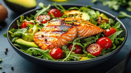 A vibrant image of a salmon salad bowl with mixed greens, avocado, and cherry tomatoes, topped with grilled salmon slices and a light vinaigrette.