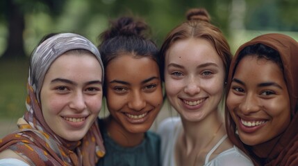 Obraz premium Smiling young women from diverse ethnic backgrounds, standing closely together