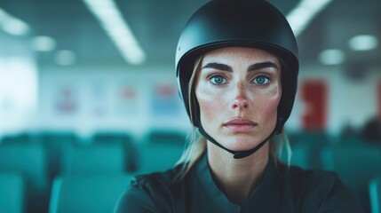 A person in a modern setting, donned in a helmet with a focused and determined look, conveys a narrative of strength and futuristic readiness.