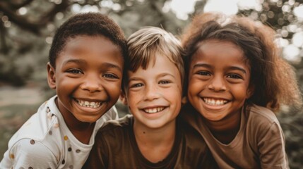 Three children from different ethnic backgrounds, smiling together