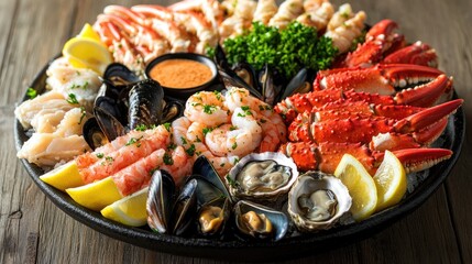 A vibrant seafood platter featuring a variety of fresh items, including shrimp, crab legs, mussels, and oysters, elegantly arranged with lemon wedges and dipping sauces.