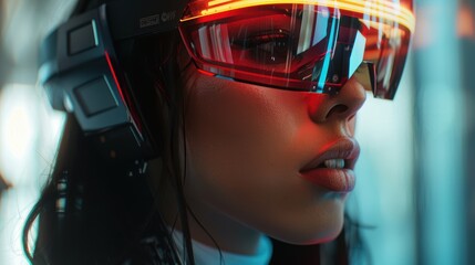 Individual using virtual reality glasses for digital transformation, featuring augmented reality holograms and a futuristic artificial intelligence setup