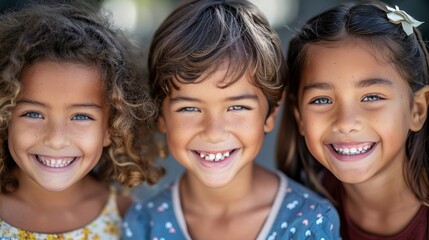 Three diverse children smiling in close-up, each with distinct hair types