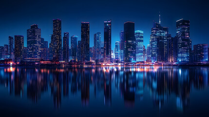 Fototapeta premium Glowing skyscrapers rise majestically against a deep blue sky, their reflections shimmering on the tranquil water, embodying the quiet energy of the urban night