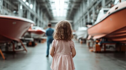 A young child with curly hair wearing a pink dress stands in a boat storage area, observing various boats lined up in a vast indoor facility with natural light.