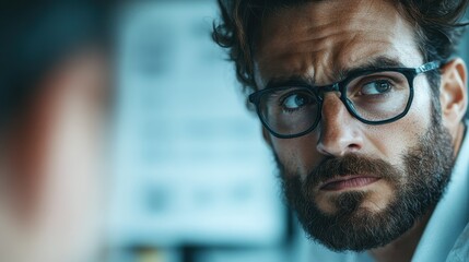 A man with glasses appears intrigued and curious, glancing sideways at something in the distance. His thoughtful expression suggests curiosity and wonder.