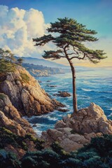Dramatic coastal landscape with pine tree