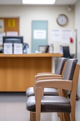 A waiting area with chairs and a reception desk in a healthcare setting.